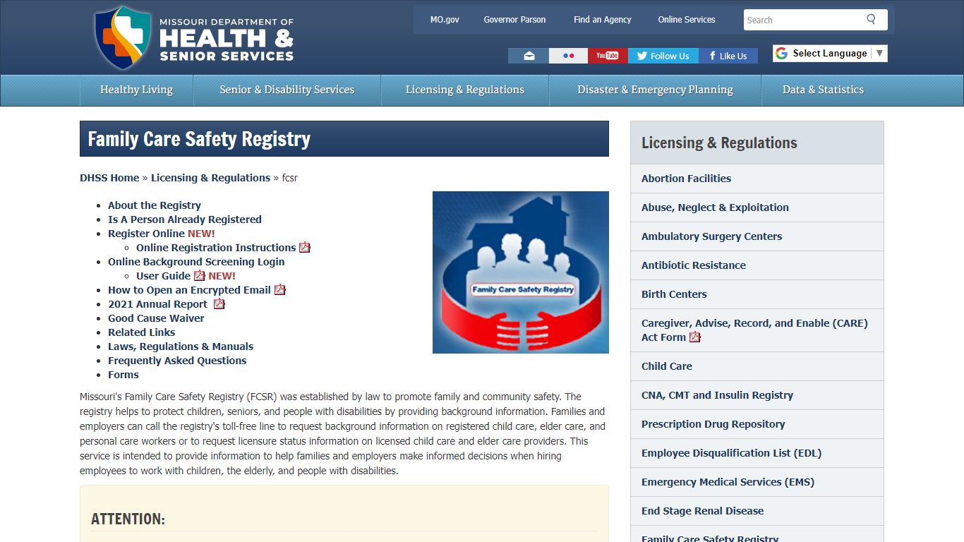 Family Care Safety Registry | Health & Senior Services